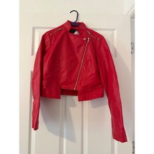 New Look Red Faux Leather Moto Jacket Cropped Asymmetrical Biker Coat Womens Med